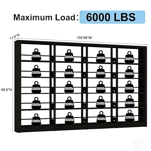 Image of Heavy Duty Metal Bookshelf, 5-Tier Industrial Bookcase with Adjustable Shelves, Large Storage Bookshelf for Living Room, Office, Library, 69 inch H x 136 inch W, Black