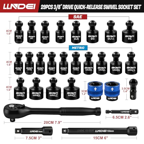 Image of LLNDEI 29Pcs Swivel Socket Set, Quick Release Design, CR-MO 3 /8 Swivel Sockets Metric(8-22mm)&Sae(5 /16 inch-3 /4 inch), Wobble Socket Set with Ratchet Wrench, Extension Bar and Adapters.