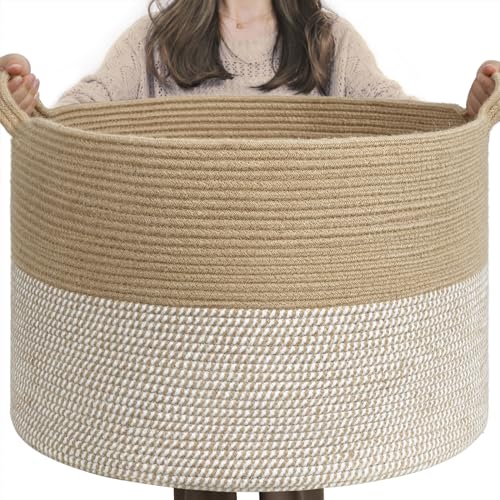 Image of INDRESSME Extra Large Woven Baskets for Storage, 21.7'' x 13.8'' Wicker Basket with Handle for Blankets, Big Laundry Baskets for Clothes, Pillows, Towel, Shoe Basket for Entryway, 90L White Jute