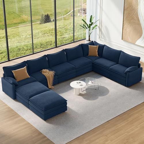 Image of Vesgantti Large Modular Sectional Sofa, Big Comfy Cloud Couch with Ottoman Deep Seat Chenille Cloud Sofa, 9 Seater Large Sectional Couches for Living Room, Bedroom and Apartment, Blue
