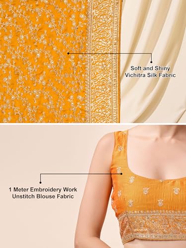 Image of TRENDMALLS Women's Vichitra Silk Heavy Embroidery With Siroski Stone Work Saree with Unstitch Blouse Piece For Women