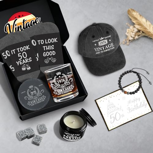 50th Birthday Gifts for Him, Happy 50th Birthday Decorations for Men, 50 Year Old Gifts for Man Who Have Everything, 1976 50th Birthday Gift Baskets for Men Whiskey Glass Baseball Cap Socks Stones by YeohJoy - Image 6