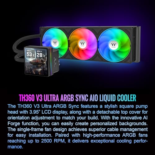 Image of Thermaltake TH360 V3 Ultra ARGB CPU Liquid Cooler; Intel /AMD; 1x360mm 500~2500rpm Single Frame ARGB Fan; 3.95 inch TFT 720x720p LCD; Rotatable Pump Head; TT LCD Screen Control; Black; CL-W474-PL12SW-A