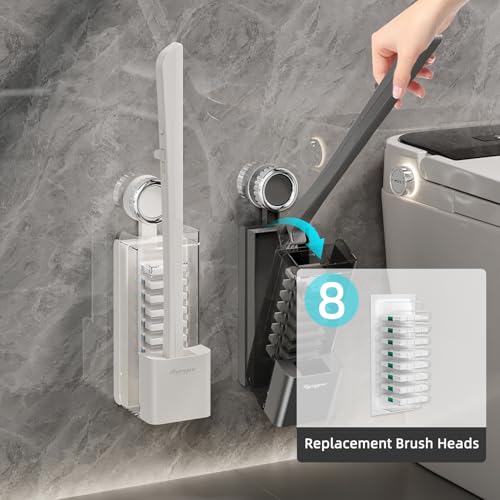 Image of Disposable Toilet Brush with Replaceable Heads, Wall-Mounted Holder, Hygienic Bathroom Cleaning Tool (WhiteToilet Brush + 8 Refills)