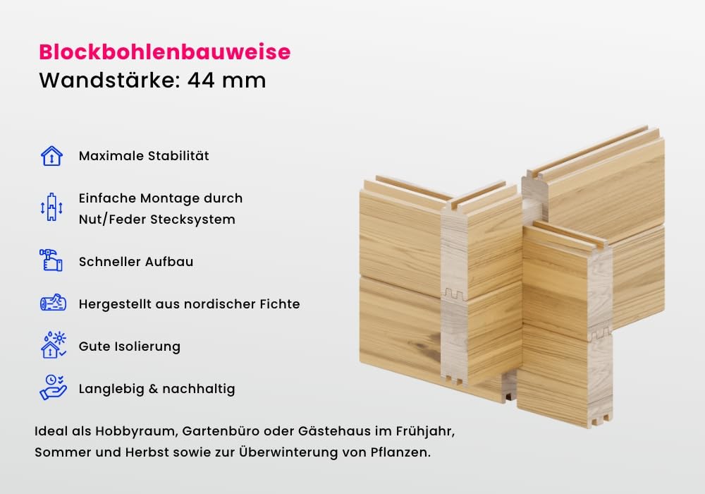 Alpholz Gartenhaus Freiburg-44 aus naturbelassenem Holz 755 x 399 cm mit 44 mm Wandstärke, Terrasse und Doppeltür