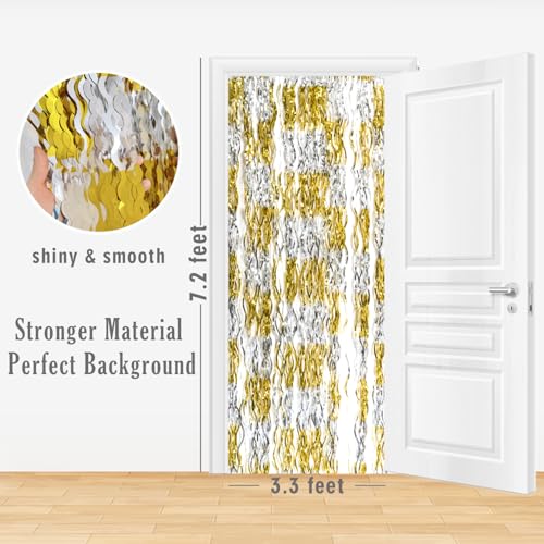 Image of GOER 3.2 ft x 8.2 ft Metallic Tinsel Foil Fringe Curtains Party Backdrop Party Streamers for Birthday,Graduation,New Year Eve Decorations Wedding Decor (4 Pcs,Gold&Silver)