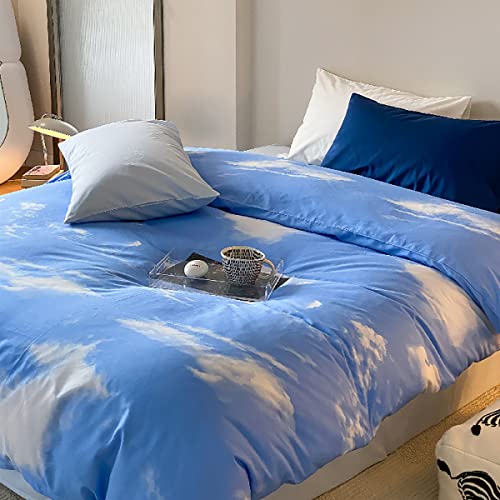 Image of KAREVER Blue Cloud Comforter Set Cal King Size Sky Theme Bedding Women 3 Pieces Soft Light Blue California King Plus Size Bed Blanket Set All Season
