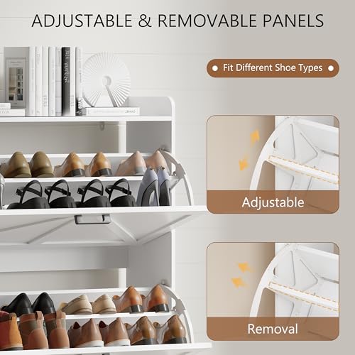 Image of Shoe Cabinet with 3 Flip Drawers, Freestanding Hidden Shoe Storage Organizer for Entryway, Narrow Slim Shoe Rack Cabinet with Open Storage & Hooks for Front Door Entrance, Living Room, Hallway, White
