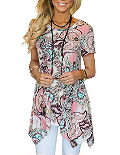 Women's 3/4 Sleeve Damask Floral Printed Tunic Dress Bohemian Swing Casual Midi Dress With Pocket Tunic Blouses For Leggings (Large, Short Sleeve Pink)