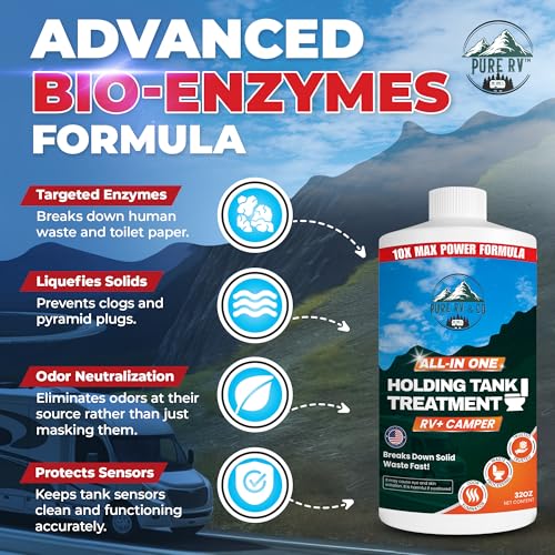 Pure RV Holding Tank Treatment 32 oz – 10X Max Power RV Black Tank Cleaner, All-In-One Waste Digester & Odor Removal, Septic & Sensor Safe, California Compliant RV Black Tank Treatment for Campers