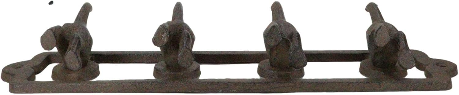 Ebros Cast Iron Whimsical Rustic Wagging Puppy Dog Tails 4 Pegs Quad Wall Hooks 13.75" Wide Hanger Dogs Themed Wall Mount Leash Coat Hat Keys Hook Decor Hanging Sculpture Plaque