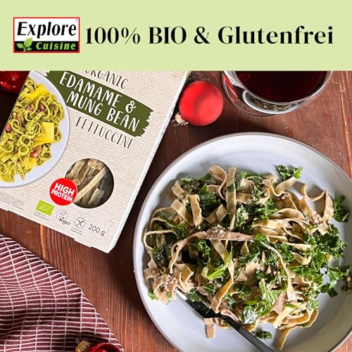 Explore Cuisine Bio Fettuccine aus Edamame (grüne Sojabohnen) und Mungobohnen – Glutenfreie Nudeln, pflanzliche Protein Pasta ohne Zusatzstoffe, wenig Kohlenhydrate, vegan, 200g