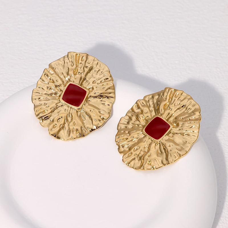 18K Gold Plated Vintage Textured Stud Earrings for Women – Retro Hammered Disc with Red Center Stone – Statement Chunky Earrings – Classic Bold Jewelry Gift - Image 3