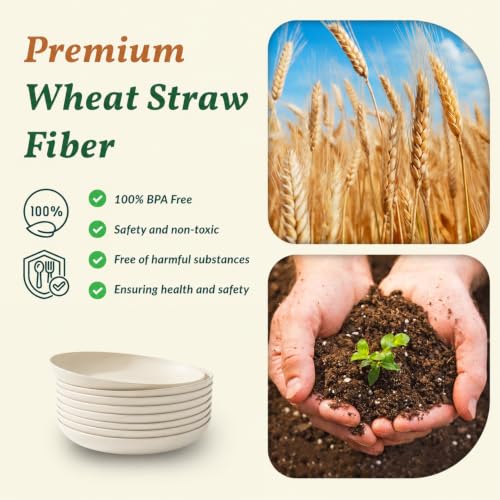 Image of Homienly Wheat Straw Dinner Plates Set of 8, Unbreakable, Dishwasher & Microwave Safe, Modern Style, 9 inch, Beige