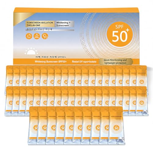 50PCS Mini Sunscreen Bulk Travel Size Sunscreen SPF 50+ Sunscreen Packets Bulk Mini Sunscreen for Face & Body Lightweight Waterproof & Non-Greasy Perfect for Thank You Gifts & Beach Must Haves