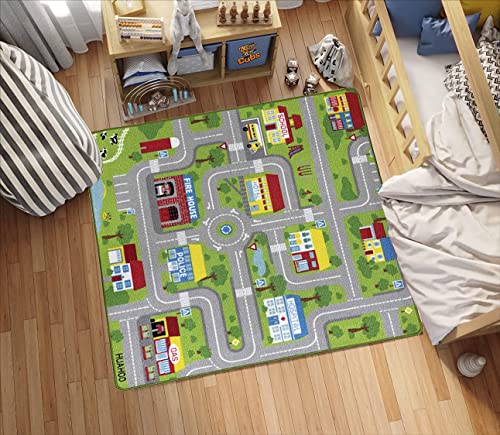 Huahoo City Street Map Kids' Rug With Roads Kids Rug Play Mat With School Hospital Station Bank Hotel Book Store Government Workshop Farm For Boy Girl Nursery Bedroom Playroom Classroom (39" X 39") #TOP10