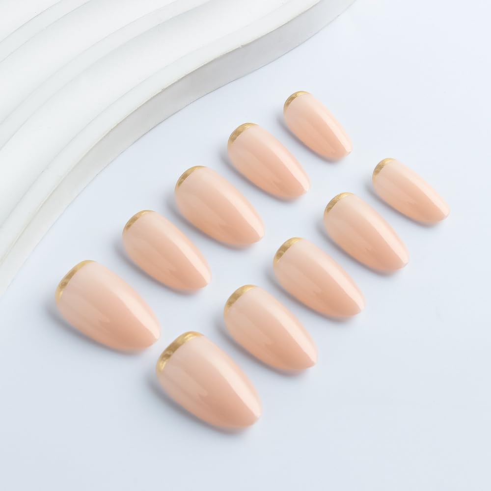 24Pcs Golden Bottom French Tip Press on Nails Glossy Almond Fake Nails with Metallic Edge Luxury Neutral False Nails for Women Girls Manicure Set Decoration image 5