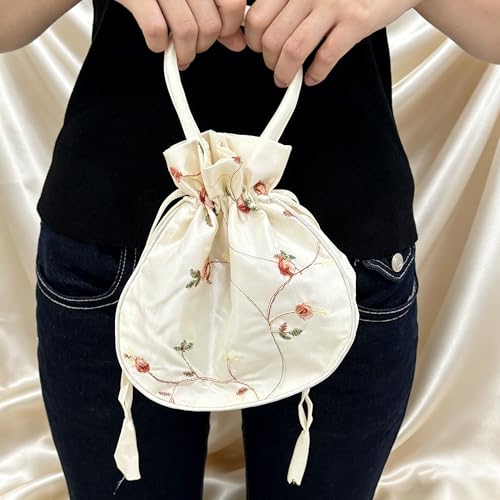 Image of Silk Jewelry Bag Retro Embroidery Fabric Hand Bag Large Off-White | 2PCS Bulk Brocade Pouch Drawstring Gift Bag ,for Candy Wedding Party Presents Snacks & Jewelry