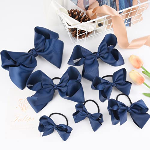 Hair Bows For Girls 7Pcs Navy Blue Toddler Bows Elastic Hair Ties Grosgrain Ribbon Ponytail Holder Kids Hair Accessories Hair Bands (8Inch ×1, 6Inch ×2, 4Inch ×2, 3Inch ×2) #TOP1