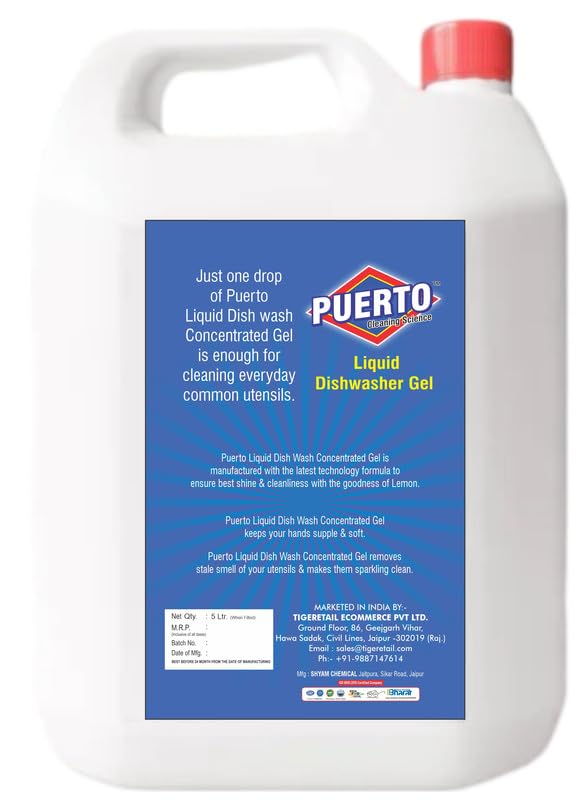 Image of Puerto Dishwash Gel Refill Can, (Lemon) - 5 Ltr (Pack of 1) Refill| Leaves No Residue and foul smell| Grease Cleaner For All Utensils |Super Saver Pack