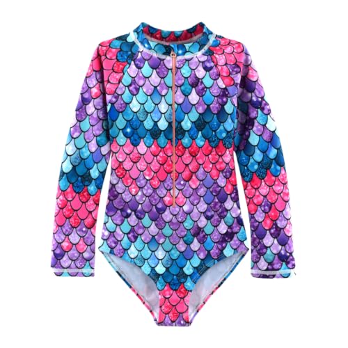 Image of Girls One Piece Swimsuit Long Sleeve Rash Guard UPF 50+ Age 2-12Y | UPF 50+ Sun Protection,Quick Dry,Front Zipper,Bright colorful ,Great for beach pool Play,Little Kids Bathing Suits