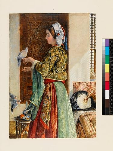 Tableau Fille deux colombes en cage par John Frederick Lewis - Impression d'art vintage 60x90cm