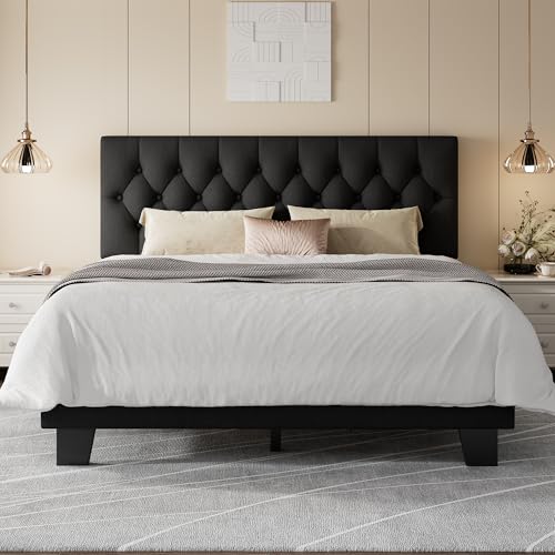 Feonase Full Size Platform Bed Frame with Button Tufted Headboard Upholstered Linen Bed with Wooden Slats Support No Box Spring Needed Easy Assembly Noise-Free Black