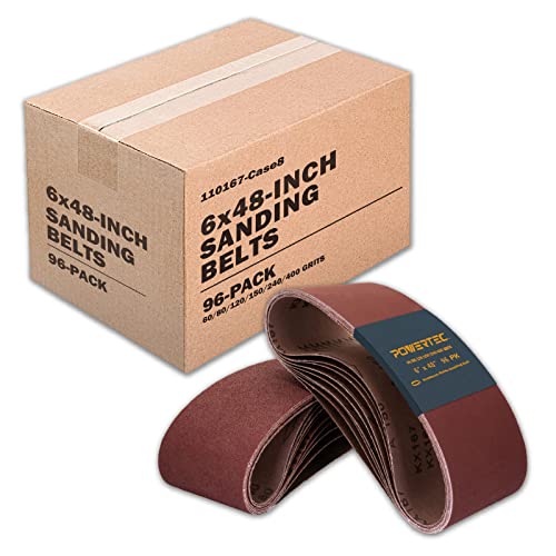 POWERTEC 110167 6 x 48 Inch Sanding Belts, 96PK,16 Each of 60/80/ 120/150/240/400 Grits, Aluminum Oxide Belt Sander Sanding Belt Assortment for Bench Belt Sander, Wood & Paint Sanding, Metal Polishing
