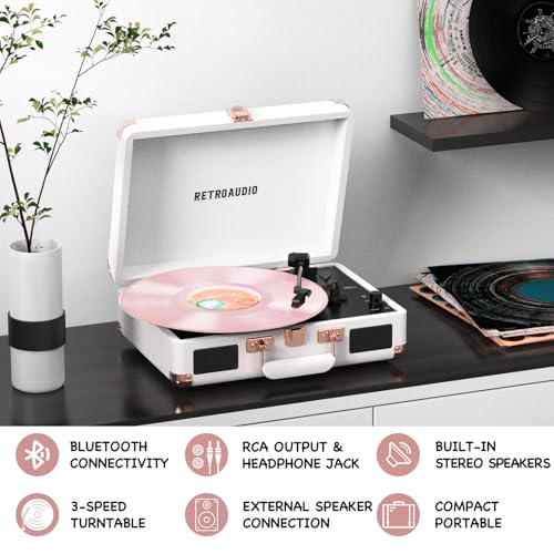 Vinyl Record Player with Built-in Speakers 3-Speed Vintage Record Player Bluetooth Portable Suitcase Turntable Belt-Driven LP Player Support RCA Output and Headphone Output (White Rose Gold) by RetroAudio - Image 3