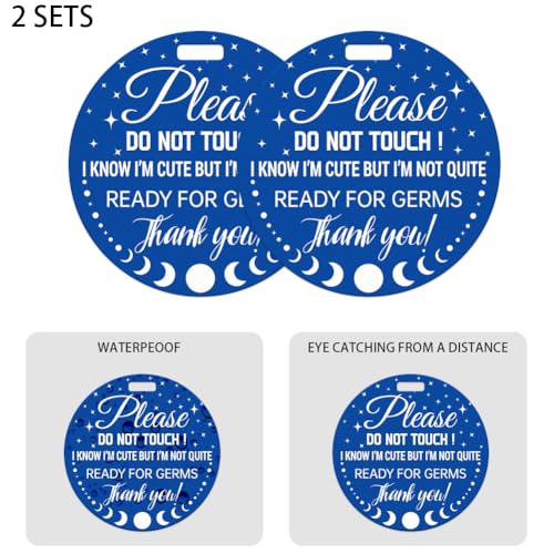 Image of 2 Pack Blue Moon and Star No Touching Signs Stop No Touching Safety Sign for Family PVC Seat Signs-Stroller Tag with Hanging Strap and Clip for Car Accessories 5 Inches