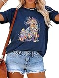 LOTUCY Cat Shirts for Women Cut Cat Floral Printed Shirts Mothers Day T-Shirt Casual Short Sleeve Tops Dark Blue, Large