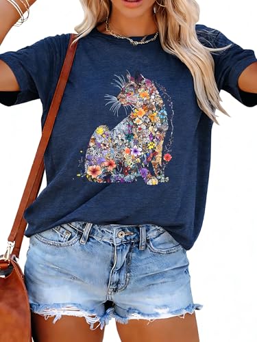 LOTUCY Cat Shirts for Women Cut Cat Floral Printed Shirts Mothers Day T-Shirt Casual Short Sleeve Tops Dark Blue, Large