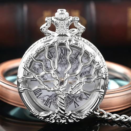 Image of Tiong Pocket Watch Hollow Tree of Life Design Roman Numerals Engraved Bible Verse Quartz Pocket Watch with Chain Custom Pocket Watch Birthday Gifts