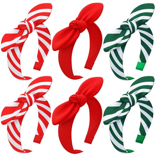 Suncalla 6 Pcs Christmas Headbands for Women Candy Knotted Striped Headband Rabbit Ear Hairband for Women and Girl Hair Accessories (Red,Green,White)