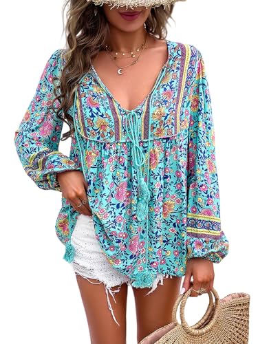 YUZIBAO Blouses for Women V Neck Long Sleeve Boho Tops Babydoll Shirts Floral Print Blouse