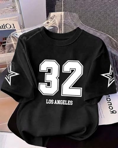 Image of Women's Typography Round Neck Cotton-Blend T-Shirts, Oversized Drop Shoulder Boho Style T-Shirt