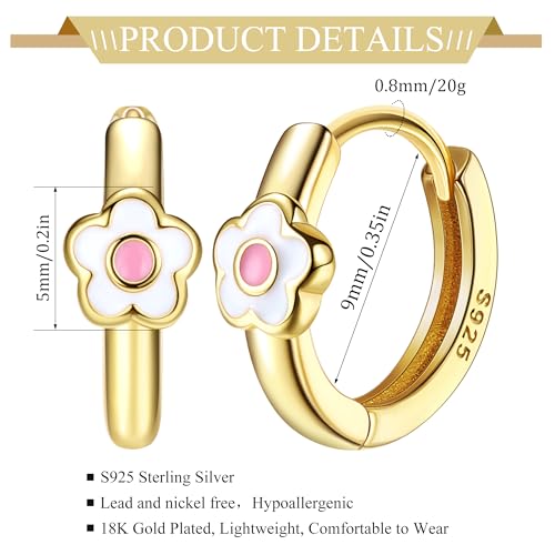 MILACOLATO 925 Sterling Silver Small Hoop Earrings Toddler 18K Gold Plated Daisy Earrings Pink Yellow FLower Huggie Hoop Earrings for Women Hypoallergenic Earrings for Sensitive Ears2