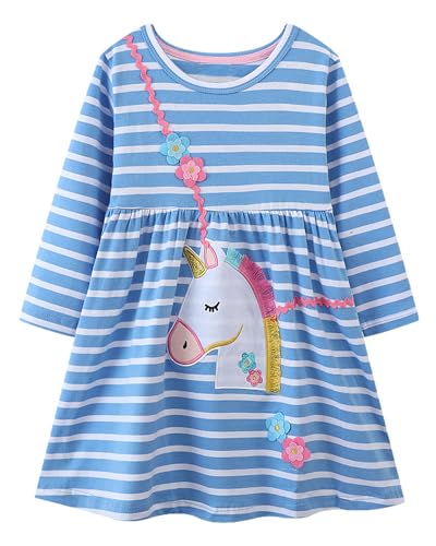 Image of Girls Cotton Long Sleeve Casual Cartoon Appliques Striped Jersey Dresses