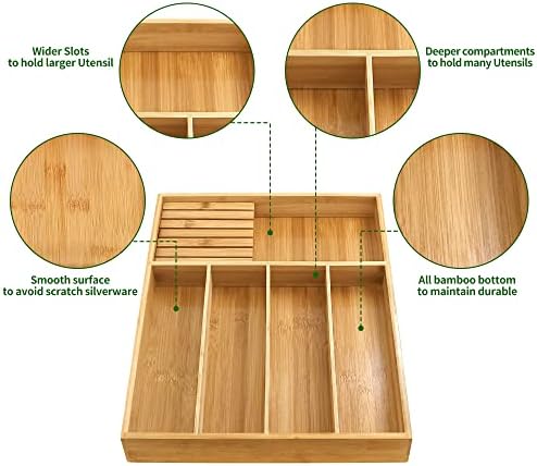 VaeFae Bamboo Silverware Organizer, Utensil Holder for Drawer, Wooden Cutlery Tray with Divider for Kitchen, Flatware Storage and Removable Knife Block, 13 x 17 inches