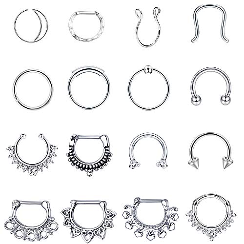 Jstyle 16Pcs Stainless Steel Septum Clicker Nose Rings Hoop Horseshoe Cartilage Tragus Septum Ring Body Piercing Jewelry 16-20G