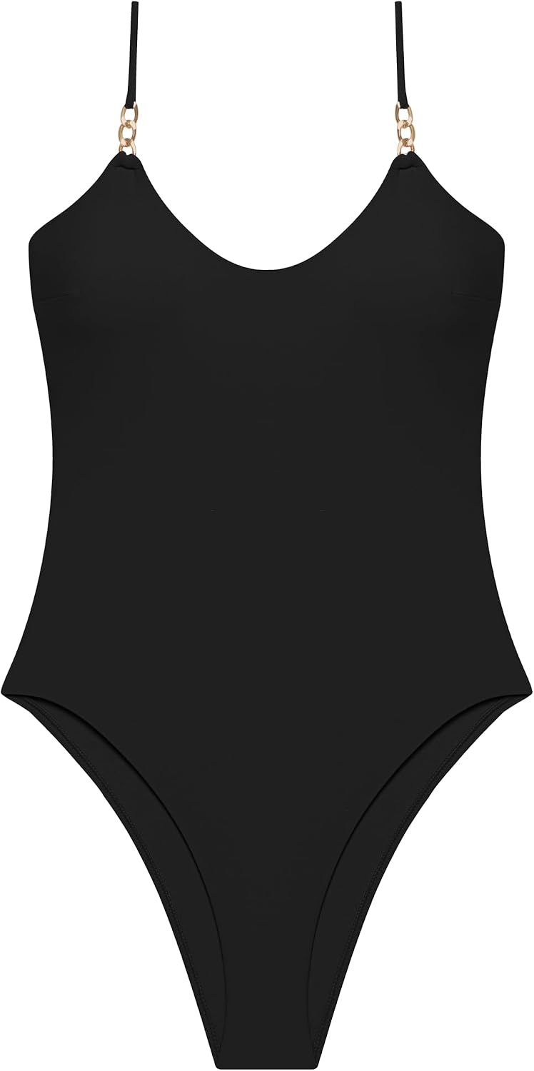 Steve Madden Women's Scoop Neck One Piece Swimsuit with Gold Chain Detail and Tie Back