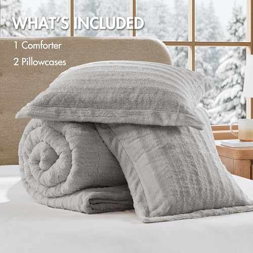 Madison Park Duke Luxe Faux Fur Reversible Comforter Set, Soft Plush Reverse, Modern Down Alternative Filling Cozy Bedding, Box Quilted Warm Cover, Matching Shams, Full/Queen, Grey 3 Piece by Madison Park - Image 5