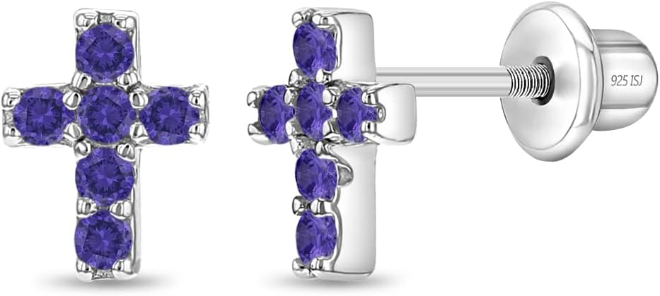 In Season Jewelry CZ Little Cross Kids Earrings - 925 Sterling Silver Hypoallergenic Earrings for Girls with Secure Screw Backs - Safe & Comfortable for Toddlers, Kids & Little Girls