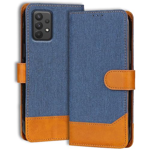 Image of Samsung A32 5G Denim & Leather Flip Back Cover Case | Vegan Leather | Kick Stand & Pockets | Protective Back Flip Cover for Samsung A32 5G (Blue)