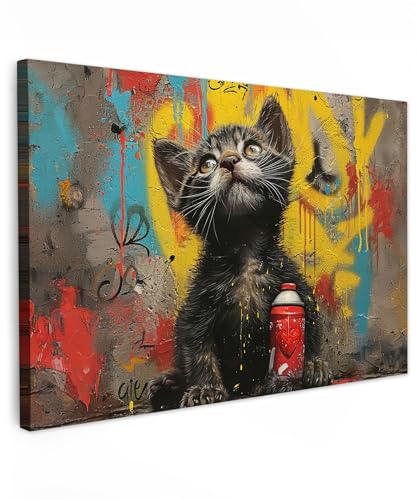 MuchoWow© Impression sur Toile Decoration Murale Peinture 90x60 cm Tableaux Decoratifs Muraux Décoration Chambre Graffiti - Chaton - Street art - Chat -...
