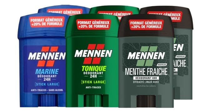 Mennen 6 deodorants, Tonique 24 hours x 2, Marine 24 x 2 and Natural Force 48 hours x 2, large sticks without alcohol, anti-fingerprints