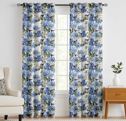 Vargottam Cotton Curtains for Windows - 3-in-1 Rod Pocket/Back Tab Short Window Drapes - Light Filtering Cotton Canvas Panels - Set of 2, 52"x63" - Floral Print (Blue)