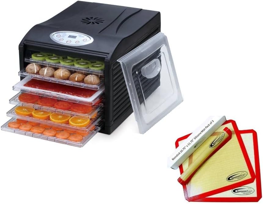 Samson "Silent" Dehydrator 6-Tray with Plastic Trays - Digital Timer and Temperature Control for Fruit, Vegetables, Beef Jerky, Herbs, Dog Treats, Fruit Leathers and More PLUS 6 SAMSON SILICONE Sheets