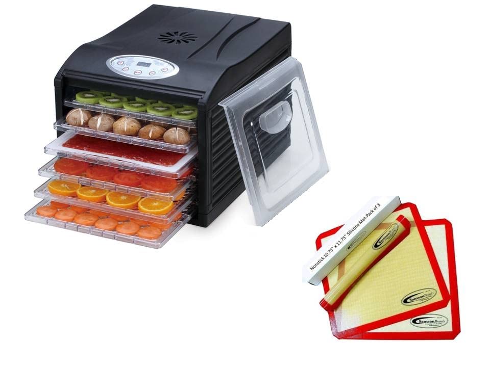 Samson "Silent" Dehydrator 6-Tray with Plastic Trays - Digital Timer and Temperature Control for Fruit, Vegetables, Beef Jerky, Herbs, Dog Treats, Fruit Leathers and More PLUS 6 Silicone Drying Sheets