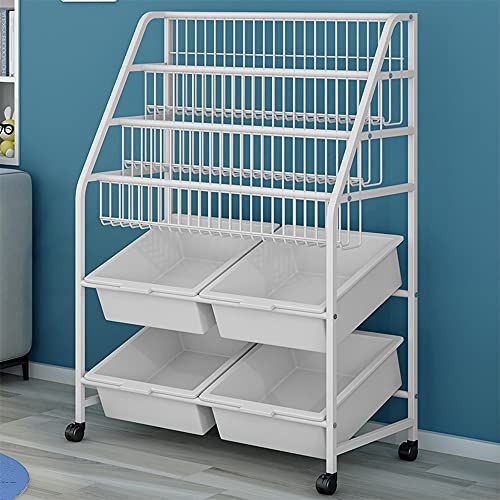 Zzbiqs Metal Toys And Books Storage Shelf For Kids Room, 3-Tier Children Bookcase And 4 Cube Bins Display Rack Organizer Holder With Wheels For Playing Room Bedroom Nursery #TOP7